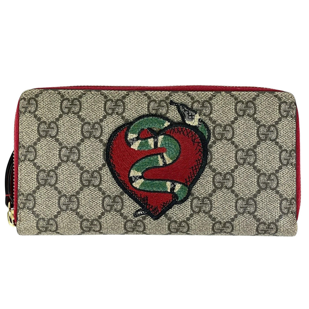 Gucci GG round zipper long wallet snake canvas Beige Cream red